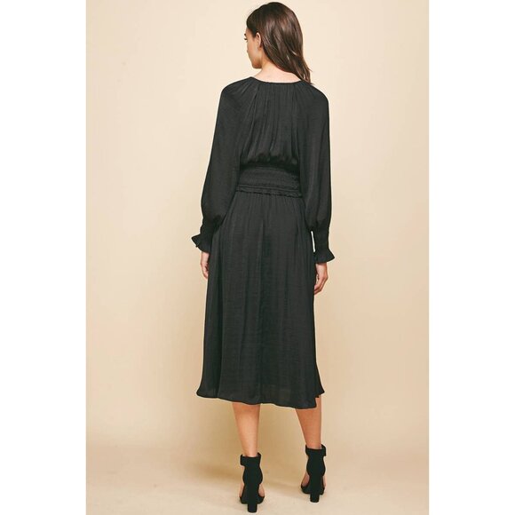 Black A-Line Midi Dress – Smocked Waist, Puff Sleeves, Tie Neckline - Picture 2 of 3